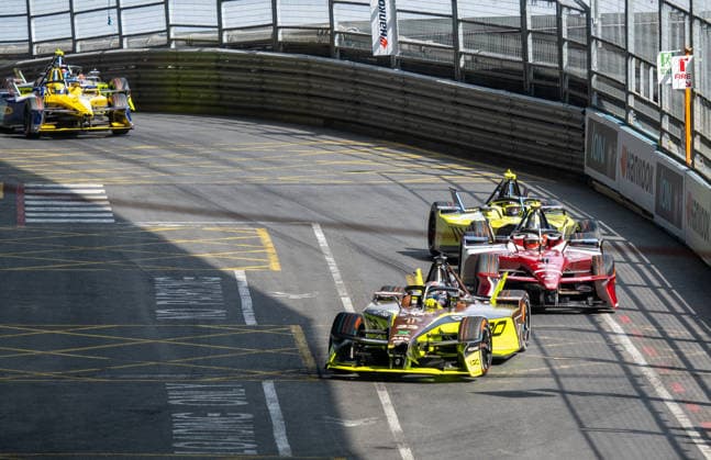 Dan Ticktum driving for the CUPRA KIRO Formula E Team lead a group of cars entering turn 19 competing in race 2 during the London E-Prix at the ExCel Centre, London Docklands, UK on 16 August 2026. Copyright: xPhilxHutchinsonx 45350235