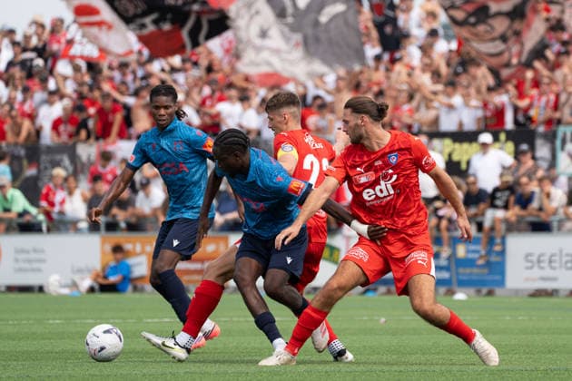 KERZERS, FRIBOURG, SWITZERLAND - AUGUST 16: Enea Rostetter of FC Kerzers attempts to stop an FC Sion player during the Swiss Cup first round match between FC Kerzers and FC Sion at Stadion Erli on August 16, 2026 in Kerzers, Fribourg, Switzerland. Copyright: xLivioxBaeriswylx xSPPx Sportspressphoto_SPR209049