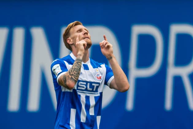 Rostock, Deutschland 16. August 2026: 3. Liga - 2026 2027 - Sp. 2 - FC Hansa Rostock gegen SV Waldhof Mannheim Im Bild: Andreas Voglsammer (Hansa Rostock) jubelt nach seinem Tor zum 1:2 Copyright: xFotostandx xVoelkerx