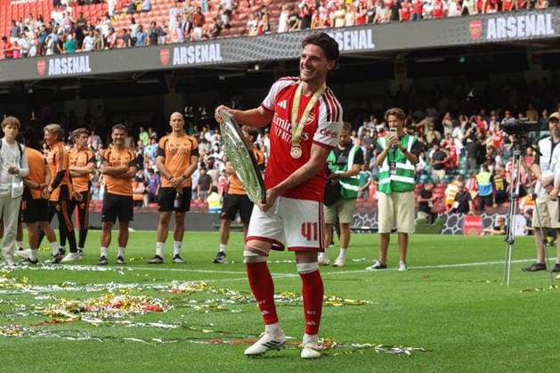 Community Shield - Arsenal v Manchester City 16 August 2026 Cardiff, FA Community Shield - Arsenal v Manchester City - Declan Rice of Arsenal holding the Shield - (Photo by Mark Leech). Cardiff UK Copyright: xMarkxLeechxOffside