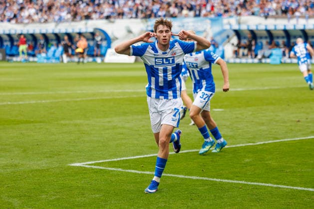 Torjubel und Freude bei Torschütze Bernie Lennemann (Rostock) nach seinem Treffer zum 2:3; GER, FC Hansa Rostock vs. SV Waldhof Mannheim, Fußball, Männer, 3.Liga, 02.Spieltag, Spielzeit 2026 2027, 16.08.2026 Rostock Ostseestadion Mecklenburg - Vorpommern Deutschland