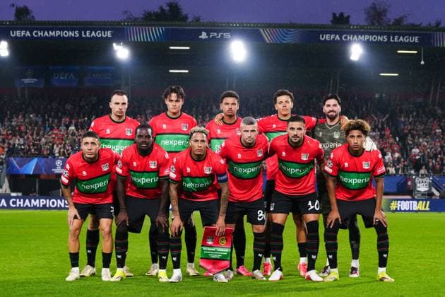 NIJMEGEN , 08-07-2026 , Stadium De Goffert , season 2026 2027 , Third qualifying round UEFA Champions League 2nd leg football , match between NEC Nijmegen and Olympiacos , picture shows team photo : NEC player Gonzalo Crettaz, NEC player Brayann Pereira, NEC player Tobias Storm, NEC player Noe Lebreton, NEC player Deveron Fonville, NEC player Clement Bischoff, NEC player Dusan Tadic, NEC player Darko Nejasmic, NEC player Tjaronn Chery, NEC player Emre Mor NEC - Olympiacos  x205853350x Copyright:
