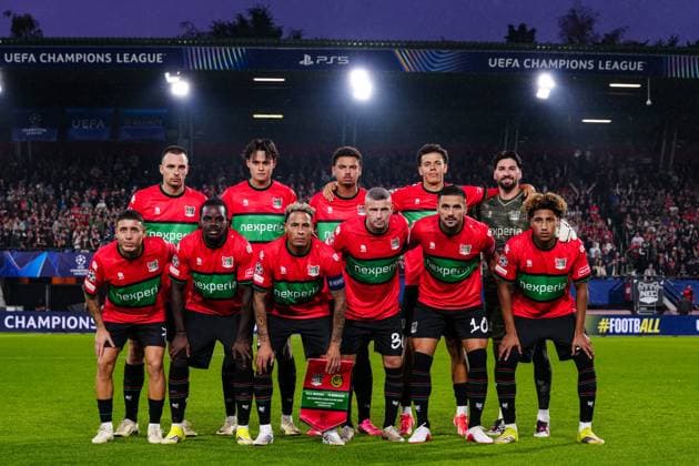 NIJMEGEN , 08-07-2026 , Stadium De Goffert , season 2026 2027 , Third qualifying round UEFA Champions League 2nd leg football , match between NEC Nijmegen and Olympiacos , picture shows team photo : NEC player Gonzalo Crettaz, NEC player Brayann Pereira, NEC player Tobias Storm, NEC player Noe Lebreton, NEC player Deveron Fonville, NEC player Clement Bischoff, NEC player Dusan Tadic, NEC player Darko Nejasmic, NEC player Tjaronn Chery, NEC player Emre Mor NEC - Olympiacos  x205853353x Copyright: