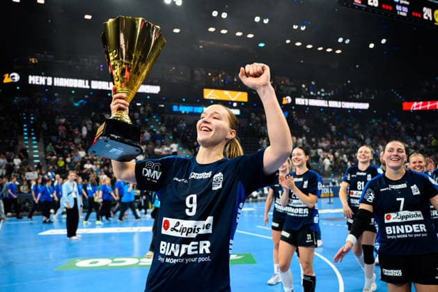 Muenchen: HBF Super Cup 2026 - HSG Blomberg-Lippe - Borussia Dortmund Nieke Kühne Kuehne (Blomberg) Schlussjubel Schlußjubel Emotion Freude Muenchen SAP Garden Bayern Deutschland