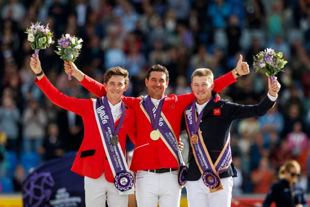 AACHEN - FEI World Championships 2026, AACHEN - FEI World Championships 2026 GUERDAT Steve (SUI), CHARLES Harry (GBR), SPITS Thibeau (BEL) Medal ceremony Medaillenvergabe FEI Jumping World Championship, WM, Weltmeisterschaft Third Competition Individual Final Round B Aachen, Reitstadion Soers 23. August 2026 -