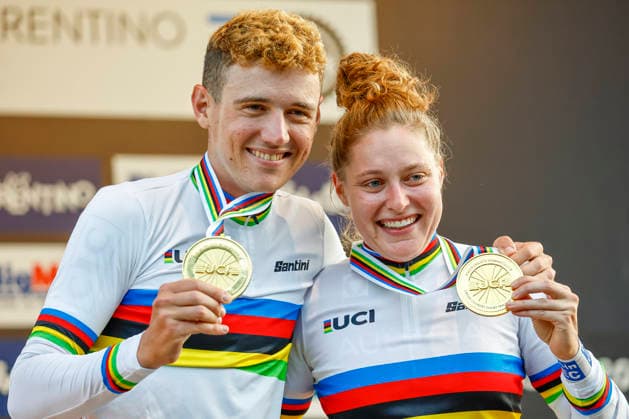 TRENTO, ITALY - AUGUST 27: Adrien Yves Claude Boichis from France and Laura Stigger from Austria are the new World champions and celebrates their gold medal after medal ceremony during the Uci Mountainbike World Championship, WM, Weltmeisterschaft - Men Elite Cross-County Short Track World Championships at Val di Sole on August 27, 2026 in Trento, Italy. Copyright: xJustPictures.ch FrancescoxMinghettix jp-en-EuSpIm-_NG_0425