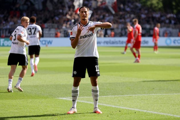 29.08.2026, xtgx, Fussball 1.Bundesliga, Union Berlin - Eintracht Frankfurt v.l. Torjubel nach dem Tor zum celebrating the goal celebrate 1:2 durch Younes Ebnoutalib (Eintracht Frankfurt) Berlin