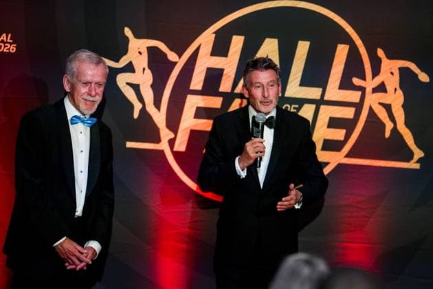 Wilfried Meert, organizer of the Memorial Van Damme meeting and IAAF Chairman Sebastian Coe pictured during a gala dinner organized on the evening before the 50th edition of the Memorial Van Damme athletics event in Brussels, Thursday 3 September 2026. The 2026 Allianz Memorial Van Damme Diamond League meeting takes place on 4 and 5 September 2026. JASPERxJACOBS  x185207781x