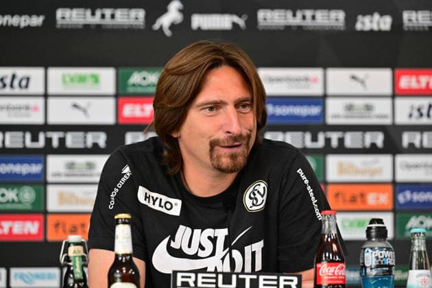 05.09.2026; Moenchengladbach; Fussball, Herren, Saison 2026 2027, Borussia Moenchengladbach vs. SV Elversberg Vincent Wagner (Trainer Elversberg) bei der Pressekonferenz nach dem Spiel DFL regulations prohibit any use of photographs as image sequences and or quasi-video. ista-Borussia-Park Nordrhein-Westfalen Deutschland