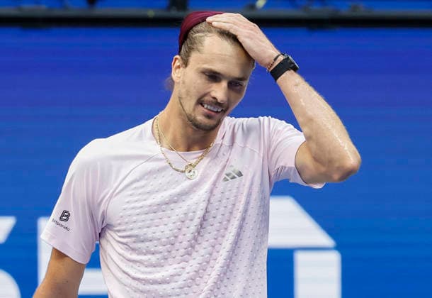 Alexander Zverev of Germany reacts after defeating Karen Khachanov in their Men s semifinal in Arthur Ashe Stadium at the 2026 US Open Tennis Championship at the USTA Billie Jean King National Tennis Center in New York City on Friday, September 11, 2026. Zverev won the match in three sets with a score of 6-3, 7-6, 7-6.  NYP20260911840 JOHNxANGELILLO