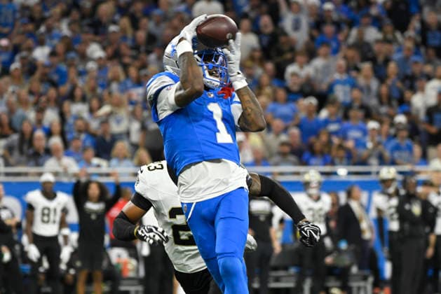 Sep 13, 2026; Detroit, MI, USA; Detroit Lions wide receiver Jameson Williams (1) cannot pull in a long pass at Ford Field. Mandatory Credit: -Cal Media NFL, American Football Herren, USA 2026: Saints Vs Lions SEP 13  - ZUMAc04_ 20260913_zma_c04_157 Copyright: xAllanxDranbergx