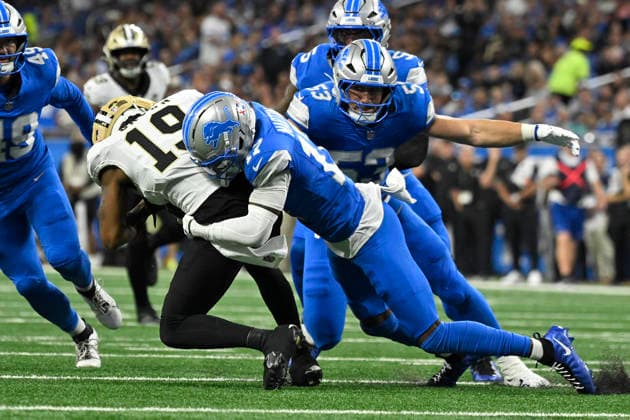Sep 13, 2026; Detroit, MI, USA; Detroit Lions wide receiver Tay Martin (17) tackles New Orleans Saints wide receiver Barion Brown (19) on a punt return at Ford Field. Mandatory Credit: -Cal Media Detroit USA - ZUMAc04_ 20260913_zma_c04_143 Copyright: xAllanxDranbergx