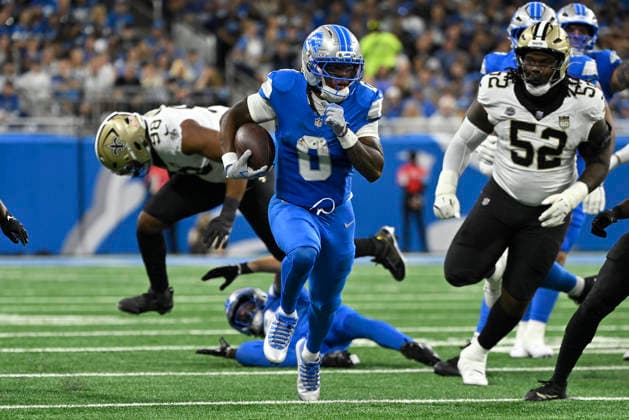 Sep 13, 2026; Detroit, MI, USA; Detroit Lions running back Jahmyr Gibbs (0) with an open field run at Ford Field. Mandatory Credit: -Cal Media Detroit USA - ZUMAc04_ 20260913_zma_c04_147 Copyright: xAllanxDranbergx