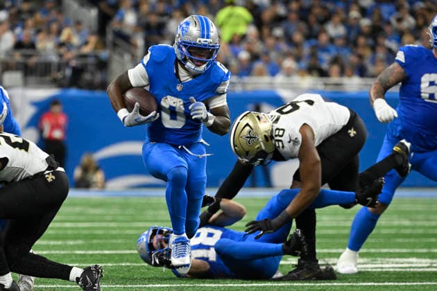 Sep 13, 2026; Detroit, MI, USA; Detroit Lions running back Jahmyr Gibbs (0) jumps over traffic and runs up field at Ford Field. Mandatory Credit: -Cal Media Detroit USA - ZUMAc04_ 20260913_zma_c04_148 Copyright: xAllanxDranbergx