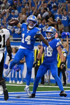 Sep 13, 2026; Detroit, MI, USA; Detroit Lions wide receiver Amon-Ra St. Brown (14) celebrates scoring a touchdown in overtime at Ford Field. Mandatory Credit: -Cal Media NFL, American Football Herren, USA 2026: Saints Vs Lions SEP 13  - ZUMAc04_ 20260913_zma_c04_270 Copyright: xAllanxDranbergx