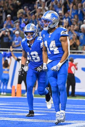 Sep 13, 2026; Detroit, MI, USA; Detroit Lions wide receiver Amon-Ra St. Brown (14) celebrates scoring a touchdown in overtime at Ford Field. Mandatory Credit: -Cal Media NFL, American Football Herren, USA 2026: Saints Vs Lions SEP 13  - ZUMAc04_ 20260913_zma_c04_276 Copyright: xAllanxDranbergx