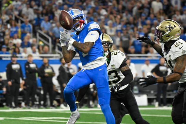 Sep 13, 2026; Detroit, MI, USA; Detroit Lions wide receiver Jameson Williams (1) cannot pull in a long pass at Ford Field. Mandatory Credit: -Cal Media NFL, American Football Herren, USA 2026: Saints Vs Lions SEP 13  - ZUMAc04_ 20260913_zma_c04_287 Copyright: xAllanxDranbergx