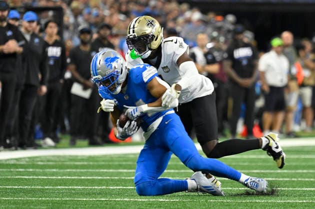 Sep 13, 2026; Detroit, MI, USA; Detroit Lions wide receiver Amon-Ra St. Brown (14) makes a catch in the first quarter at Ford Field. Mandatory Credit: -Cal Media Detroit USA - ZUMAc04_ 20260913_zma_c04_285 Copyright: xAllanxDranbergx