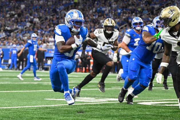 Sep 13, 2026; Detroit, MI, USA; Detroit Lions running back Jahmyr Gibbs (0) makes a move on a run at Ford Field. Mandatory Credit: -Cal Media Detroit USA - ZUMAc04_ 20260913_zma_c04_283 Copyright: xAllanxDranbergx
