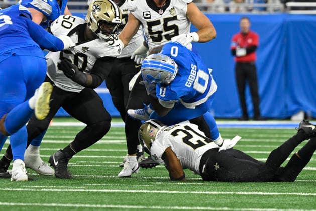 Sep 13, 2026; Detroit, MI, USA; Detroit Lions running back Jahmyr Gibbs (0) gets upended at Ford Field. Mandatory Credit: -Cal Media Detroit USA - ZUMAc04_ 20260913_zma_c04_139 Copyright: xAllanxDranbergx