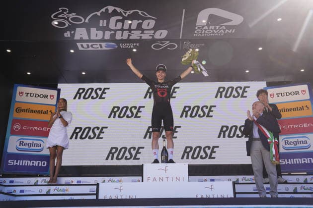 Germany s Lennart Jasch of Tudor Pro Cycling Team stage winner on the podium during the Giro d™Abruzzo, stage 2 from Popoli Terme to Caramanico Terme (143 km) - Abruzzo, Italy - Wednesday, September 16, 2026. - cycling.  Copyright: xFabioxFerrari LaPressex
