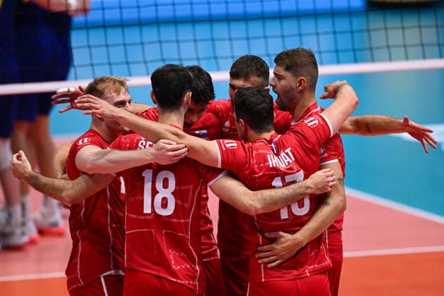 260916 Players of Slovakia celebrate during the CEV EuroVolley 2026 group stage volleyball match between Sweden and Slovakia on September 16, 2026 in Modena. Photo: Matteo Gribaudi BILDBYRAN COP 18 XY0130 volleyboll volleyball volleyboll-em sverige slovakien cev eurovolley 2026 sweden slovakia bbeng jubel Copyright: MATTEOxGRIBAUDI BB260916BB154