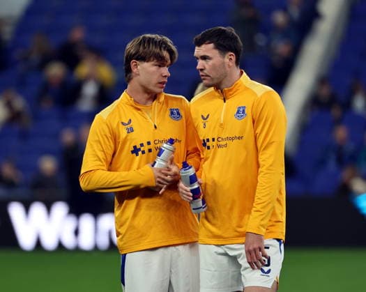16th September 2026; Everton Stadium, Liverpool, England; Carabao Cup Football, Everton versus Wolverhampton Wanderers; Tyler Dibling and Michael Keane of Everton in the warm up AlanxMartin