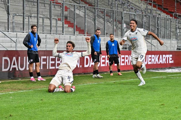 3. Liga; FC Ingolstadt - TSG 1899 Hoffenheim II; 16.09.2026 INGOLSTADT, GERMANY; 16. SEPTEMBER: Jubel der Gäste nach dem Treffer zum 1-2 durch Jykese FIELDS (TSG Hoffenheim II 11) während dem Match der 3. Liga zwischen dem FC Ingolstadt und der zweiten Mannschaft der TSG Hoffenheim am 6. Spieltag im Audi Sportpark Copyright: xBEAUTIFULxSPORTS Goldbergx
