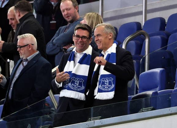 16th September 2026; Everton Stadium, Liverpool, England; Carabao Cup Football, Everton versus Wolverhampton Wanderers; Uk Prime Minister, and life-long Everton fan Andy Burnham with Canadian Prime Minister Mark Carney in the Directors Box before the game AlanxMartin