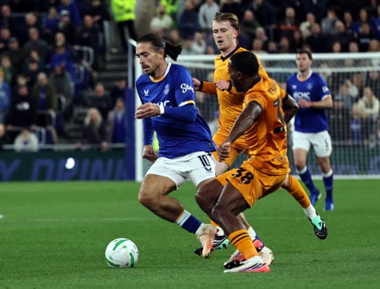 16th September 2026; Everton Stadium, Liverpool, England; Carabao Cup Football, Everton versus Wolverhampton Wanderers; Jack Grealish of Everton takes on Jackson Tchatchoua of Wolverhampton Wanderers AlanxMartin