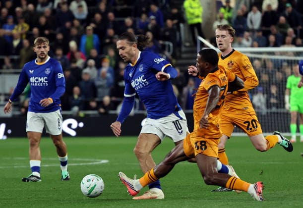 16th September 2026; Everton Stadium, Liverpool, England; Carabao Cup Football, Everton versus Wolverhampton Wanderers; Jack Grealish of Everton takes on Jackson Tchatchoua of Wolverhampton Wanderers AlanxMartin