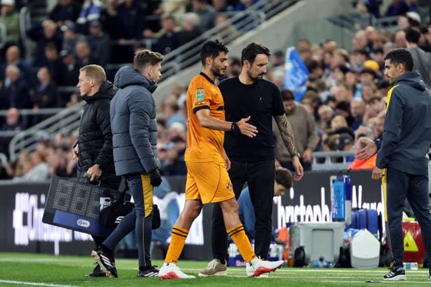 16th September 2026; Everton Stadium, Liverpool, England; Carabao Cup Football, Everton versus Wolverhampton Wanderers; Raul Jimenez of Wolverhampton Wanderers goes off injured in the first half AlanxMartin