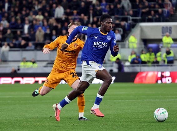 16th September 2026; Everton Stadium, Liverpool, England; Carabao Cup Football, Everton versus Wolverhampton Wanderers; Thierno Barry of Everton goes past Tommy Doyle of Wolverhampton Wanderers AlanxMartin