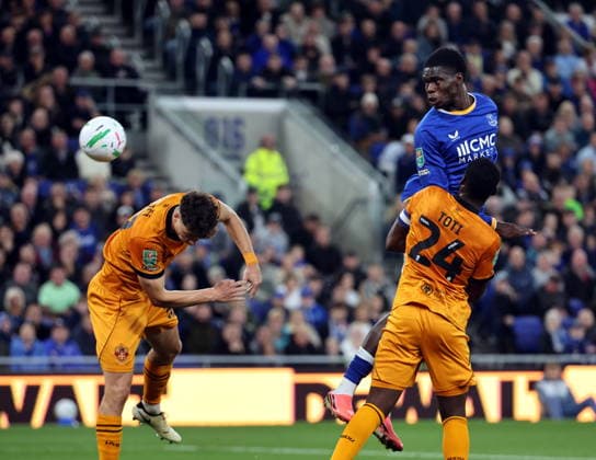 16th September 2026; Everton Stadium, Liverpool, England; Carabao Cup Football, Everton versus Wolverhampton Wanderers; Thierno Barry of Everton gets in a header on goal AlanxMartin