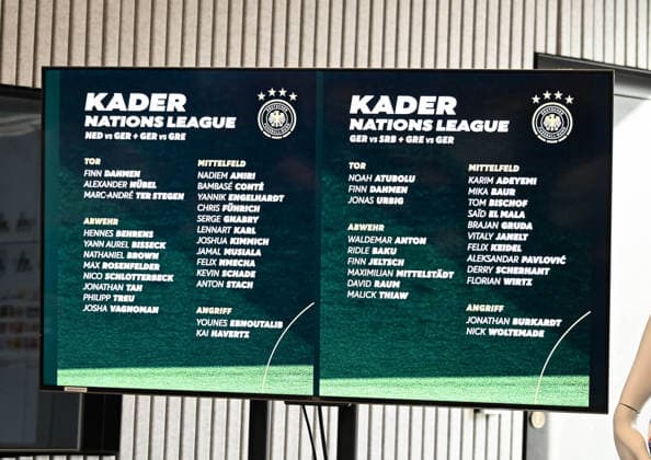 17.09.2026, xsltx, Fussball DFB-Medientermine, Pressekonferenz - Trainer Jürgen Klopp v.l. Der zweigeteilte Kader der Deutschen Nationalmannschaft