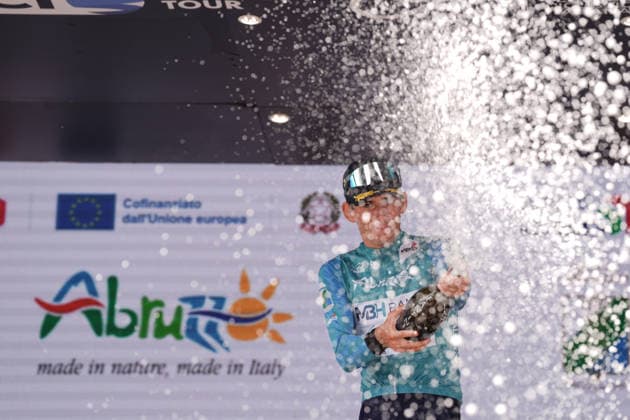 Italy s Alessandro Fancellu of MBH Bank CSB Telecom Fort blu-green jersey during the Giro d™Abruzzo, stage 3 from Oricola - Piana del Cavaliere to San Benedetto dei Marsi (159 km) - Abruzzo, Italy - Thursday, September 17, 2026. - cycling.  Copyright: xMassimoxPaolone LaPressex