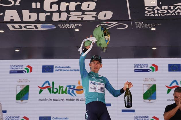 Italy s Alessandro Fancellu of MBH Bank CSB Telecom Fort blu-green jersey during the Giro d™Abruzzo, stage 3 from Oricola - Piana del Cavaliere to San Benedetto dei Marsi (159 km) - Abruzzo, Italy - Thursday, September 17, 2026. - cycling.  Copyright: xMassimoxPaolone LaPressex