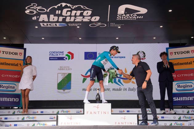Italy s Alessandro Fancellu of MBH Bank CSB Telecom Fort Maglia biancoverdeblu on the podium The Giro d™Abruzzo, stage 3 from Oricola - Piana del Cavaliere to San Benedetto dei Marsi (159 km) - Abruzzo, Italy - Thursday, September 17, 2026. - cycling.  Copyright: xFabioxFerrari LaPressex
