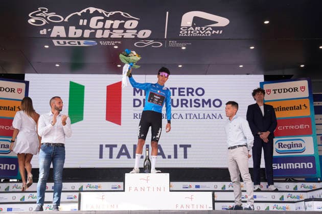 Italy s Emanuele Ansaloni of Team Technipes inEmiliaRomagna Caffe Borbone blue jersey podium on the Giro d™Abruzzo, stage 3 from Oricola - Piana del Cavaliere to San Benedetto dei Marsi (159 km) - Abruzzo, Italy - Thursday, September 17, 2026. - cycling.  Copyright: xFabioxFerrari LaPressex