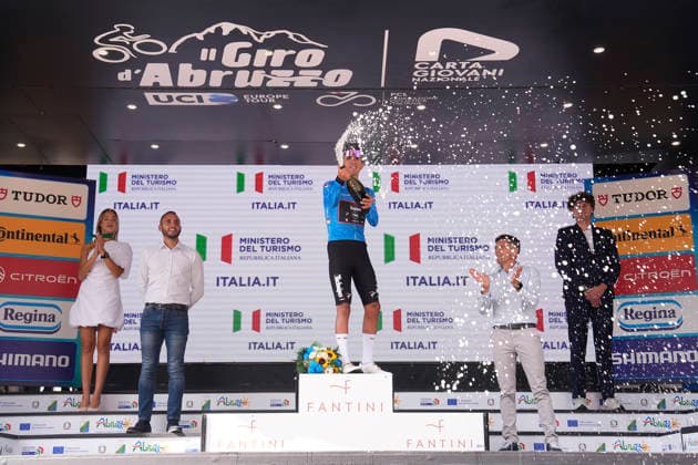 Italy s Emanuele Ansaloni of Team Technipes inEmiliaRomagna Caffe Borbone blue jersey podium on the Giro d™Abruzzo, stage 3 from Oricola - Piana del Cavaliere to San Benedetto dei Marsi (159 km) - Abruzzo, Italy - Thursday, September 17, 2026. - cycling.  Copyright: xFabioxFerrari LaPressex