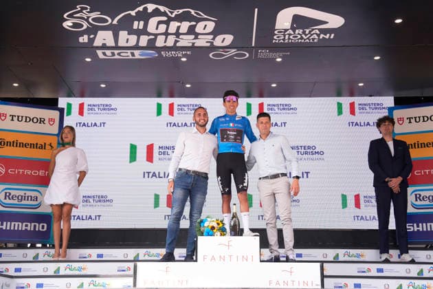 Italy s Emanuele Ansaloni of Team Technipes inEmiliaRomagna Caffe Borbone blue jersey podium on the Giro d™Abruzzo, stage 3 from Oricola - Piana del Cavaliere to San Benedetto dei Marsi (159 km) - Abruzzo, Italy - Thursday, September 17, 2026. - cycling.  Copyright: xFabioxFerrari LaPressex
