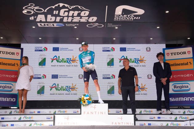 Italy s Alessandro Fancellu of MBH Bank CSB Telecom Fort Maglia biancoverdeblu on the podium The Giro d™Abruzzo, stage 3 from Oricola - Piana del Cavaliere to San Benedetto dei Marsi (159 km) - Abruzzo, Italy - Thursday, September 17, 2026. - cycling.  Copyright: xFabioxFerrari LaPressex