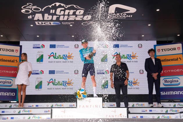 Italy s Alessandro Fancellu of MBH Bank CSB Telecom Fort Maglia biancoverdeblu on the podium The Giro d™Abruzzo, stage 3 from Oricola - Piana del Cavaliere to San Benedetto dei Marsi (159 km) - Abruzzo, Italy - Thursday, September 17, 2026. - cycling.  Copyright: xFabioxFerrari LaPressex