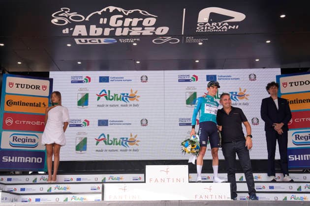Italy s Alessandro Fancellu of MBH Bank CSB Telecom Fort Maglia biancoverdeblu on the podium The Giro d™Abruzzo, stage 3 from Oricola - Piana del Cavaliere to San Benedetto dei Marsi (159 km) - Abruzzo, Italy - Thursday, September 17, 2026. - cycling.  Copyright: xFabioxFerrari LaPressex