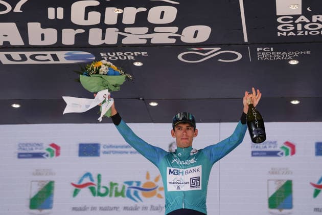 Italy s Alessandro Fancellu of MBH Bank CSB Telecom Fort blu-green jersey during the Giro d™Abruzzo, stage 3 from Oricola - Piana del Cavaliere to San Benedetto dei Marsi (159 km) - Abruzzo, Italy - Thursday, September 17, 2026. - cycling.  Copyright: xMassimoxPaolone LaPressex
