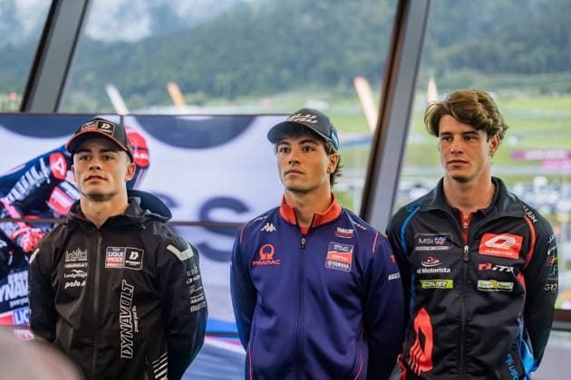 MOTORSPORTS - MotoGP, GP of Austria 2026 SPIELBERG,AUSTRIA,17.SEP.26 - MOTORSPORTS - MotoGP, Grand Prix of Austria, Red Bull Ring, preview, Moto2 and Moto3 trophy reveal. Image shows Manuel Gonzalez (ESP LIQUI MOLY Dynavolt Intact GP), Izan Guevara (ESP BLU CRU Pramac Yamaha Moto2) and Ivan Ortola (ESP QJMOTOR - Campolor - MSI).  GEPAxpictures xMatthiasxTrinkl
