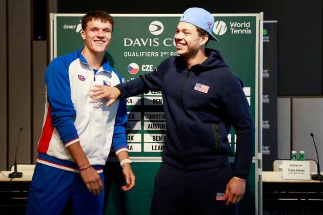 From left Czech tennis player Jakub Mensik and Learner Tien of USA pose for photographers during the press conference, PK, Pressekonferenz ahead of the 2026 Davis Cup Men s World Team Tennis Championship match against the U.S., in Prague, Czech Republic, September 17, 2026. (CTKxPhoto PavelxLebeda) CTKPhotoF202609170022001  CTKPhotoF202609170022001