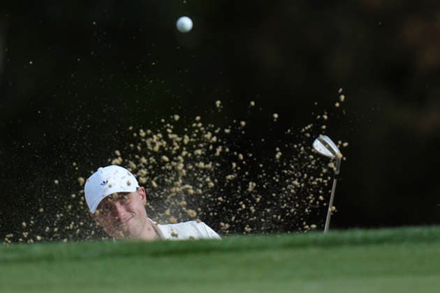 VIRGINIA WATER, ENGLAND - SEPTEMBER 17: Ludvig Aberg (SWE) plays from a green side bunker on the 12th hole during Round 1 at the BMW PGA, Golf Herren Championship at Wentworth Golf Club, Virginia Water on September 17, 2026 in Surrey, England The BMW PGA Championship