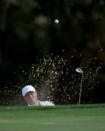 VIRGINIA WATER, ENGLAND - SEPTEMBER 17: Ludvig Aberg (SWE) plays from a green side bunker on the 12th hole during Round 1 at the BMW PGA, Golf Herren Championship at Wentworth Golf Club, Virginia Water on September 17, 2026 in Surrey, England The BMW PGA Championship