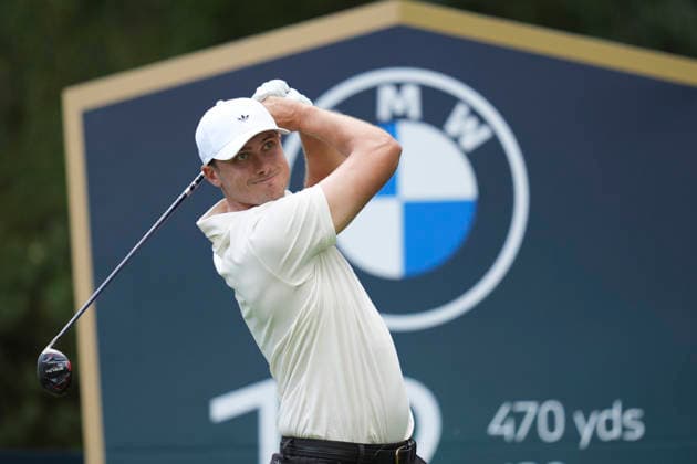 VIRGINIA WATER, ENGLAND - SEPTEMBER 17: Ludvig Aberg (SWE) plays from the thirteenth tee during Round 1 at the BMW PGA, Golf Herren Championship at Wentworth Golf Club, Virginia Water on September 17, 2026 in Surrey, England The BMW PGA Championship